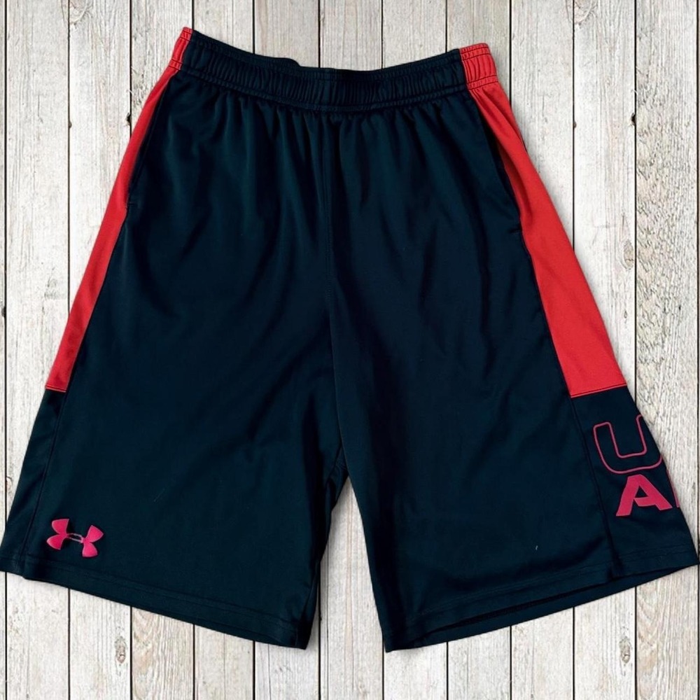 Under Armour Boys Loose Athletic Basketball Shorts Black Red Youth Large